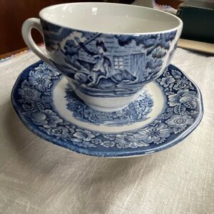 Vintage Staffordshire Liberty  blue flat cup and saucer set. Paul Revere’s ride